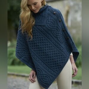 Aran Crafts Ireland Mallard Blue Cable Knit Merino Wool Cowl Poncho Sweater - 10